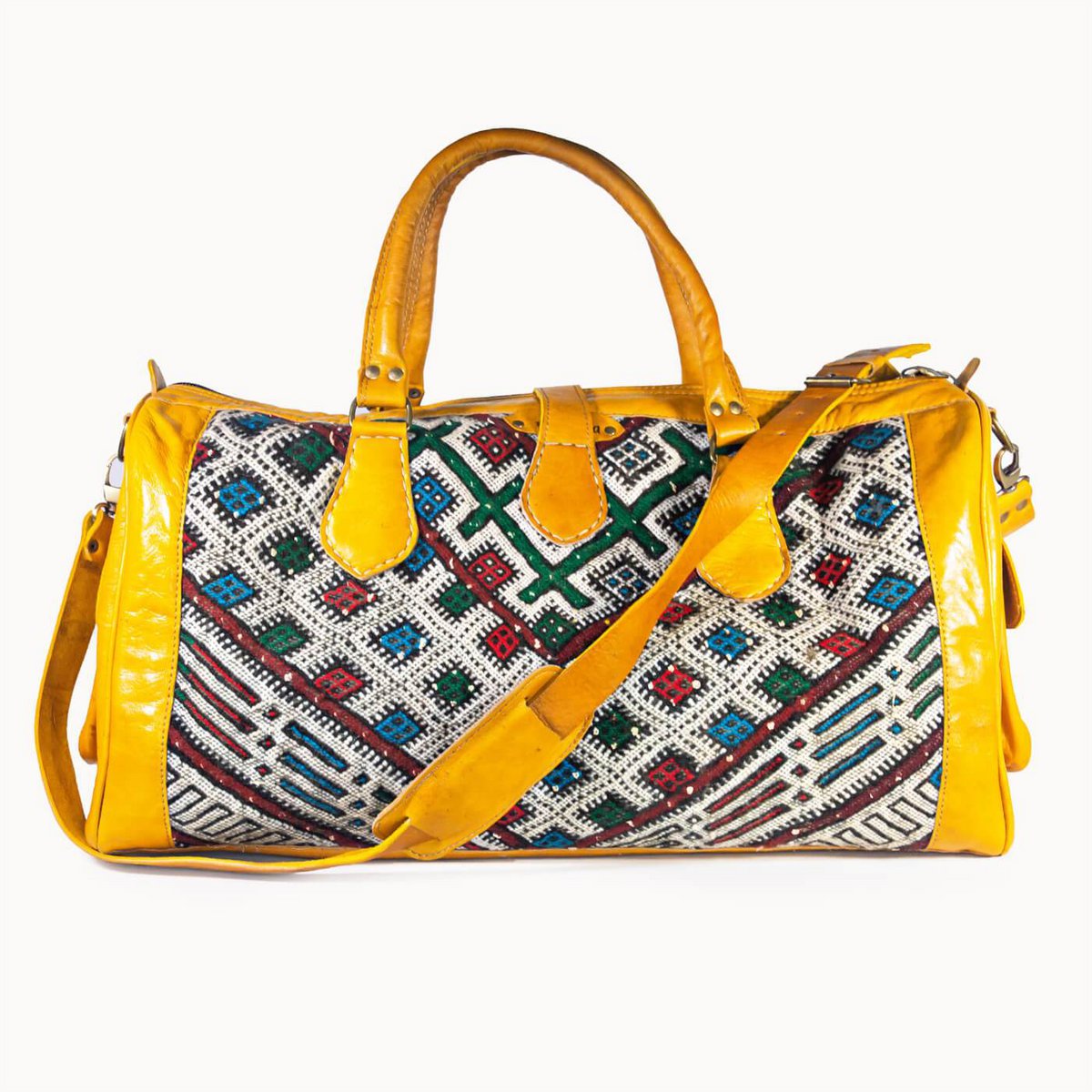 Luxe Kilim Reistas XL – Handgemaakt Leer & Authentiek Marokkaans Tapijt – 54x28 cm