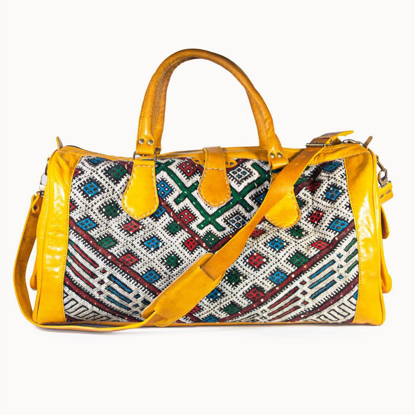 Luxe Kilim Reistas XL – Handgemaakt Leer & Authentiek Marokkaans Tapijt – 54x28 cm