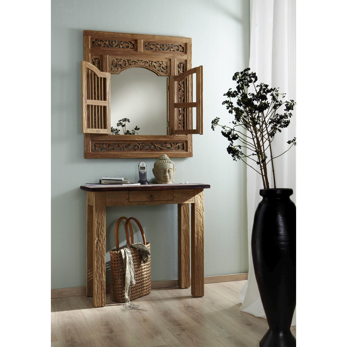 Handgesneden Spiegel van Gerecycled Teakhout – Wandspiegel met 2 Openslaande Deuren – 80x90 cm