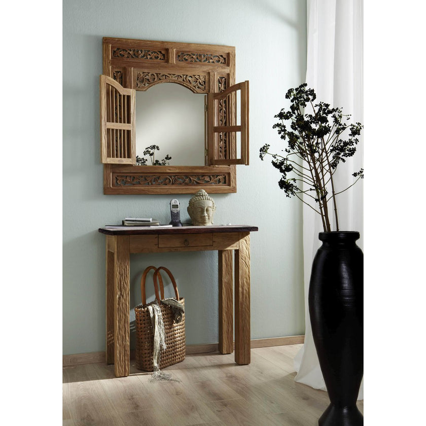 Handgesneden Spiegel van Gerecycled Teakhout – Wandspiegel met 2 Openslaande Deuren – 80x90 cm