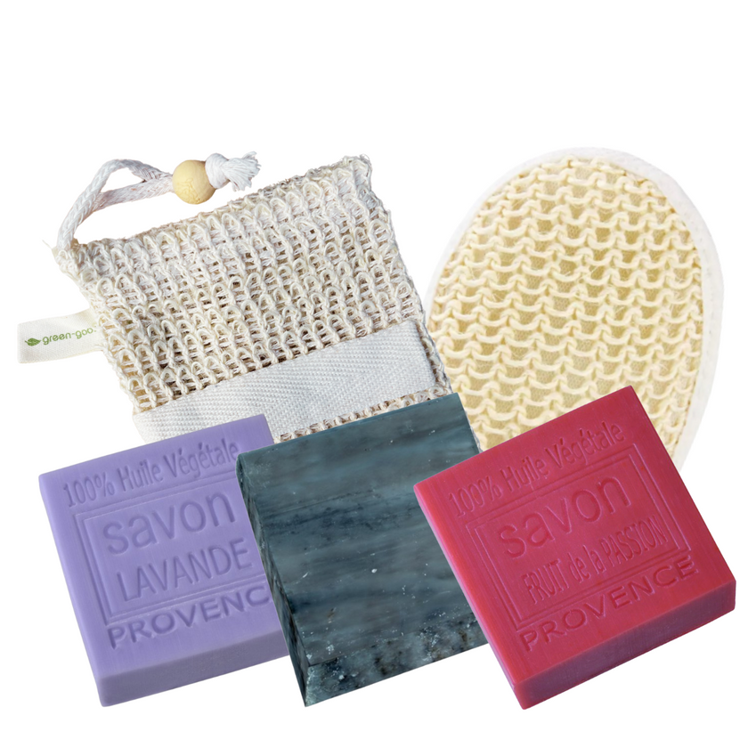 Natuurlijke Zeep Giftset – 3 Ambachtelijke Zepen met Sisal Spons & Zeepzakje