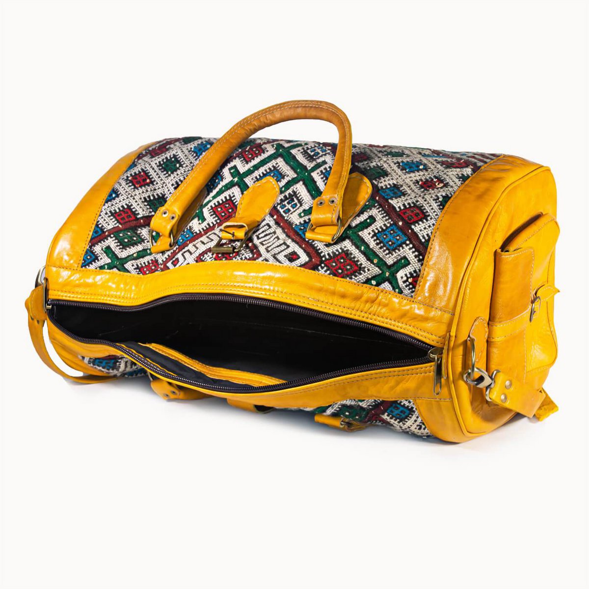 Luxe Kilim Reistas XL – Handgemaakt Leer & Authentiek Marokkaans Tapijt – 54x28 cm