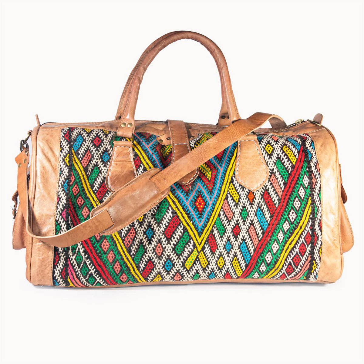 Luxe Kilim Reistas XL – Handgemaakt Leer & Authentiek Marokkaans Tapijt – 54x28 cm