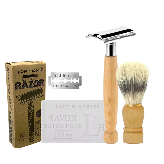 Duurzame Scheerset met Bamboe Safety Razor, Scheerkwast & Biologische Ezelinnenmelkzeep