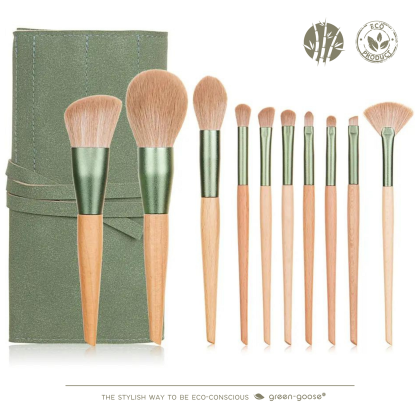 Complete Bamboe Make-up Borstelset – 11-delig – Inclusief Vegan Suède Houder & Katoenen Zakje
