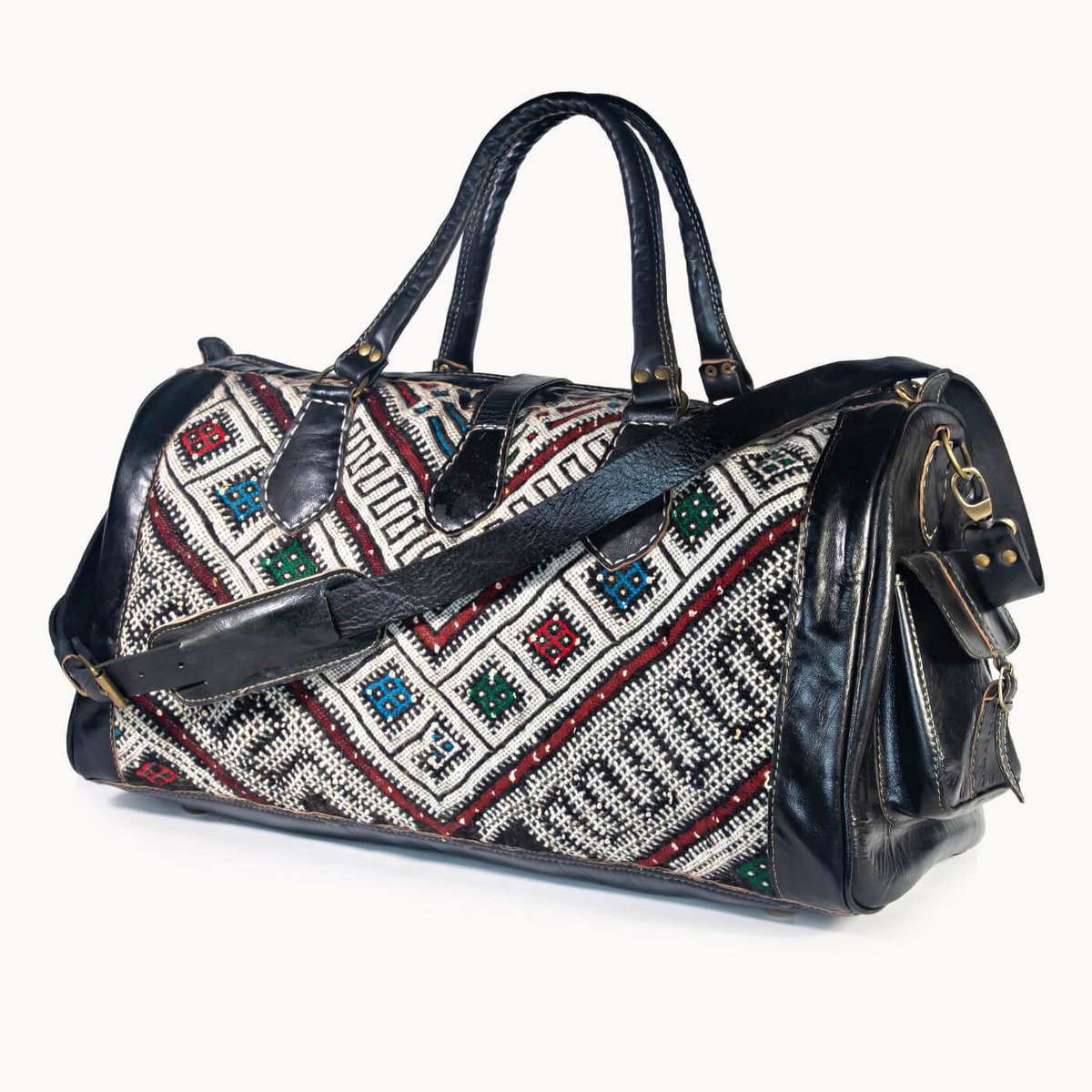 Luxe Kilim Reistas XL – Handgemaakt Leer & Authentiek Marokkaans Tapijt – 54x28 cm
