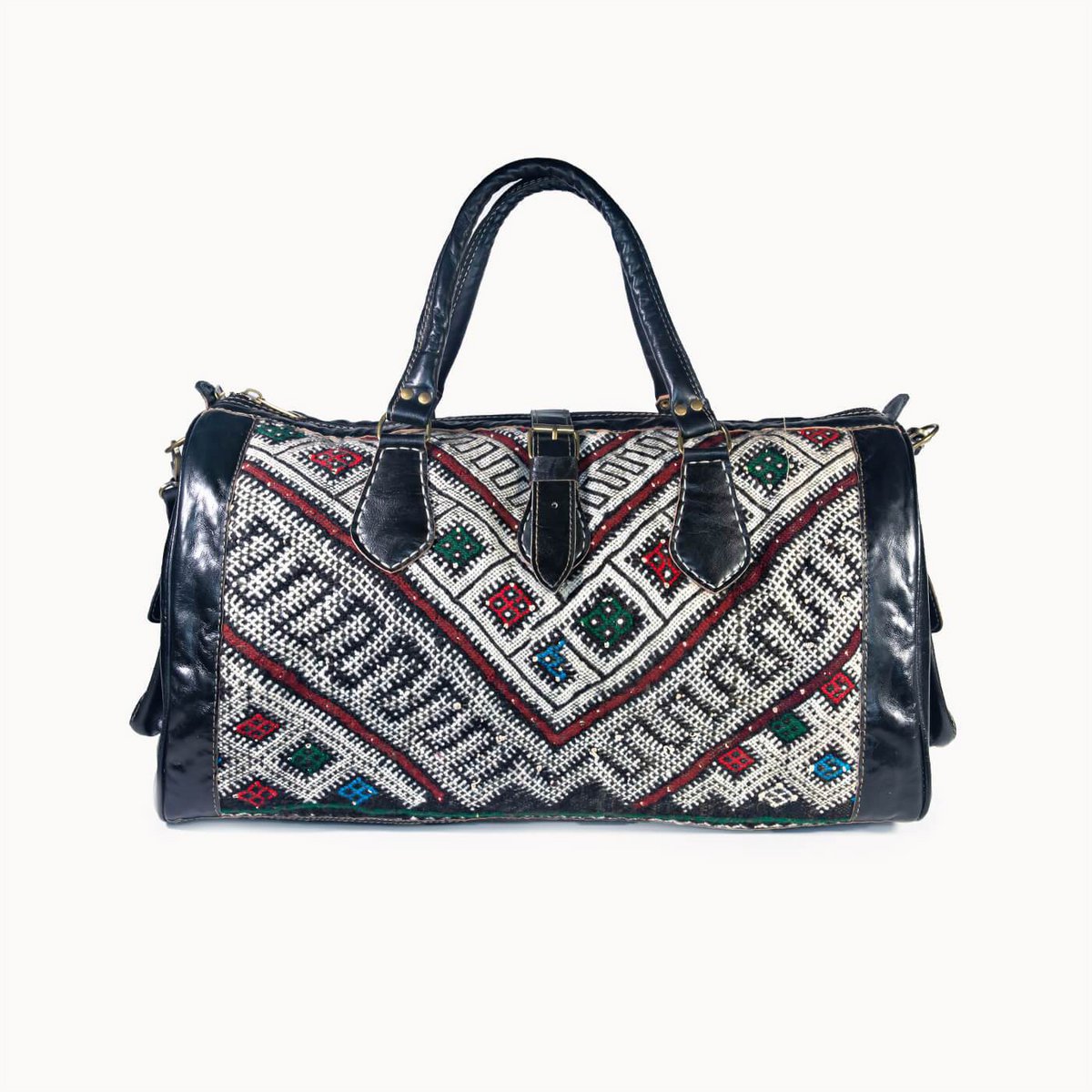 Luxe Kilim Reistas XL – Handgemaakt Leer & Authentiek Marokkaans Tapijt – 54x28 cm
