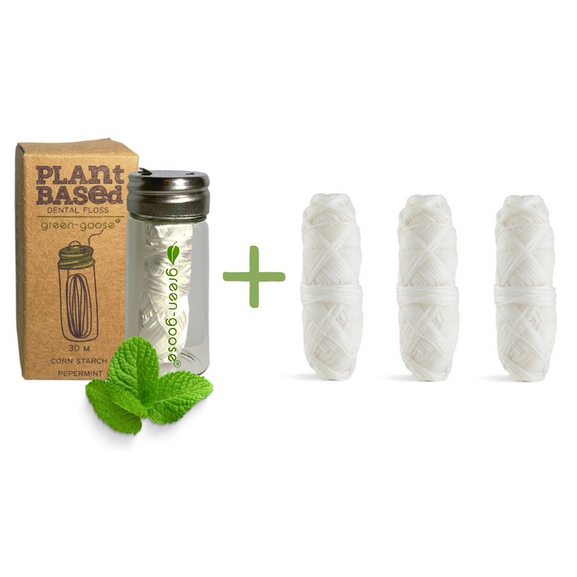 Natuurlijke Flosdraad Set – Inclusief Glazen Houder & 3 Navullingen – Vegan & Biologisch Afbreekbaar