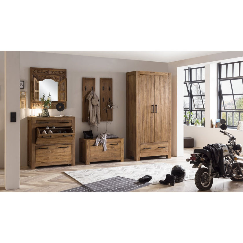 Handgesneden Spiegel van Gerecycled Teakhout – Wandspiegel met 2 Openslaande Deuren – 80x90 cm
