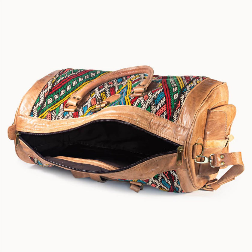 Luxe Kilim Reistas XL – Handgemaakt Leer & Authentiek Marokkaans Tapijt – 54x28 cm