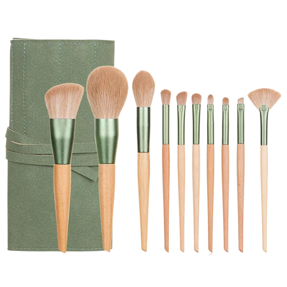 Complete Bamboe Make-up Borstelset – 11-delig – Inclusief Vegan Suède Houder & Katoenen Zakje