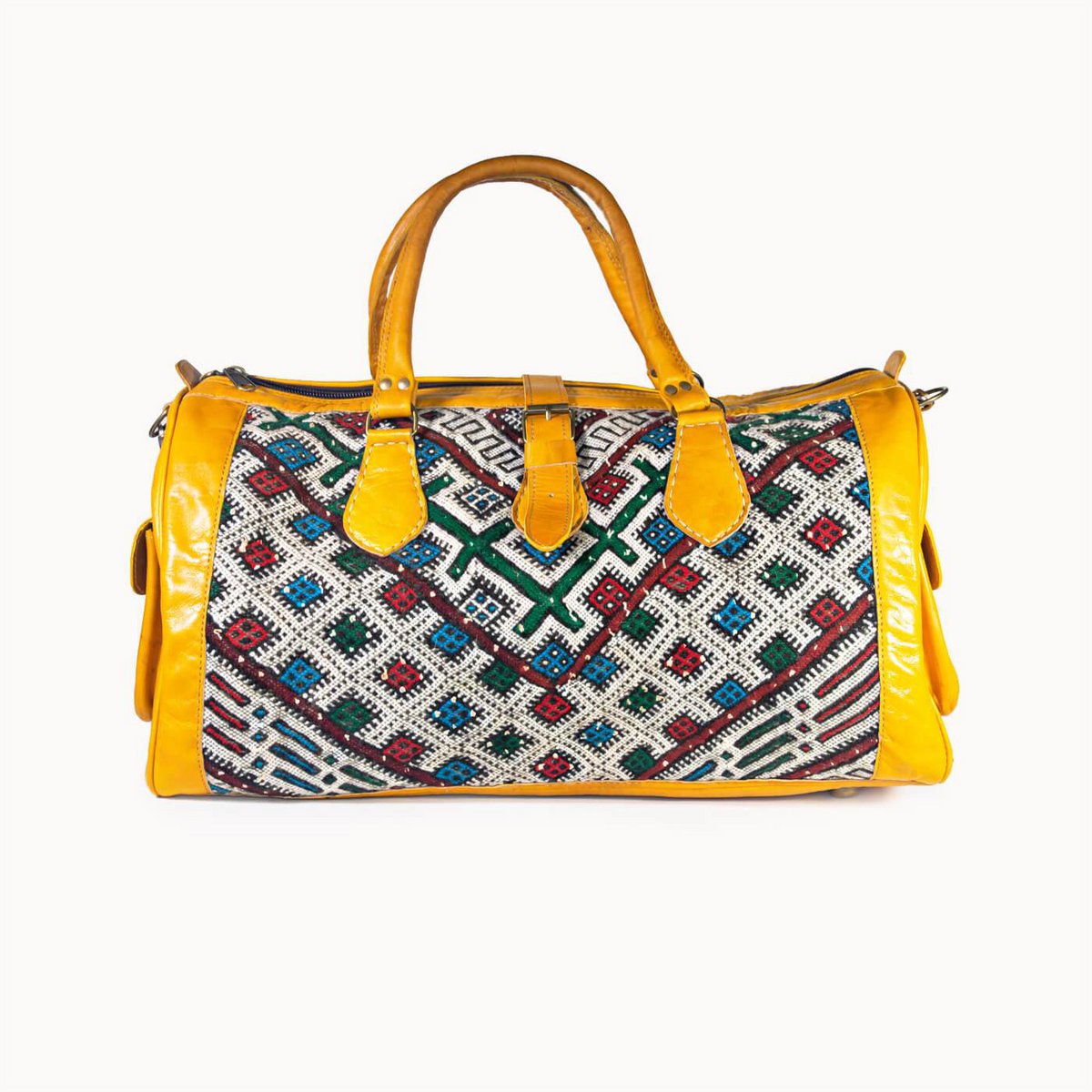 Luxe Kilim Reistas XL – Handgemaakt Leer & Authentiek Marokkaans Tapijt – 54x28 cm