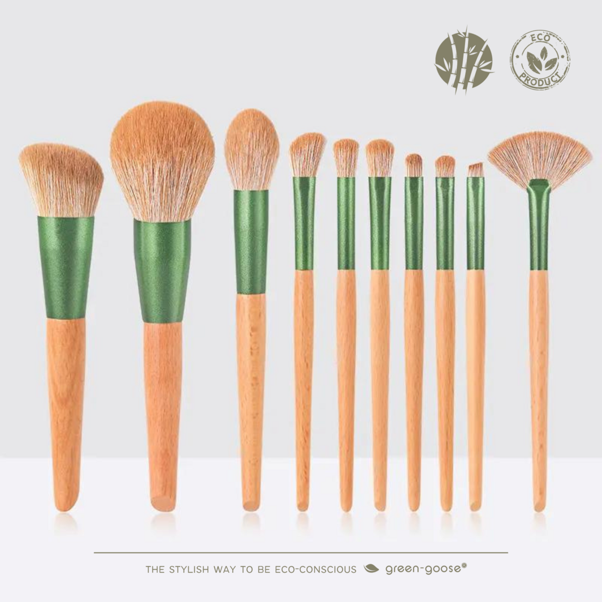 Complete Bamboe Make-up Borstelset – 11-delig – Inclusief Vegan Suède Houder & Katoenen Zakje