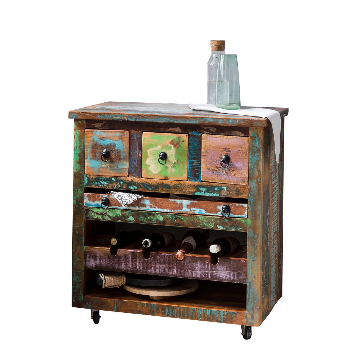 Vintage Keukentrolley van Sloophout – Verrijdbare Woonbar met Uitneembaar Dienblad – Kleurrijk Gerecycled Hout