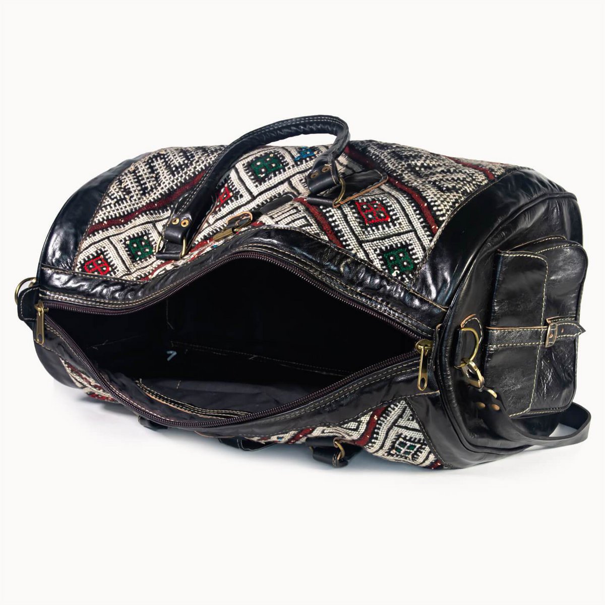 Luxe Kilim Reistas XL – Handgemaakt Leer & Authentiek Marokkaans Tapijt – 54x28 cm