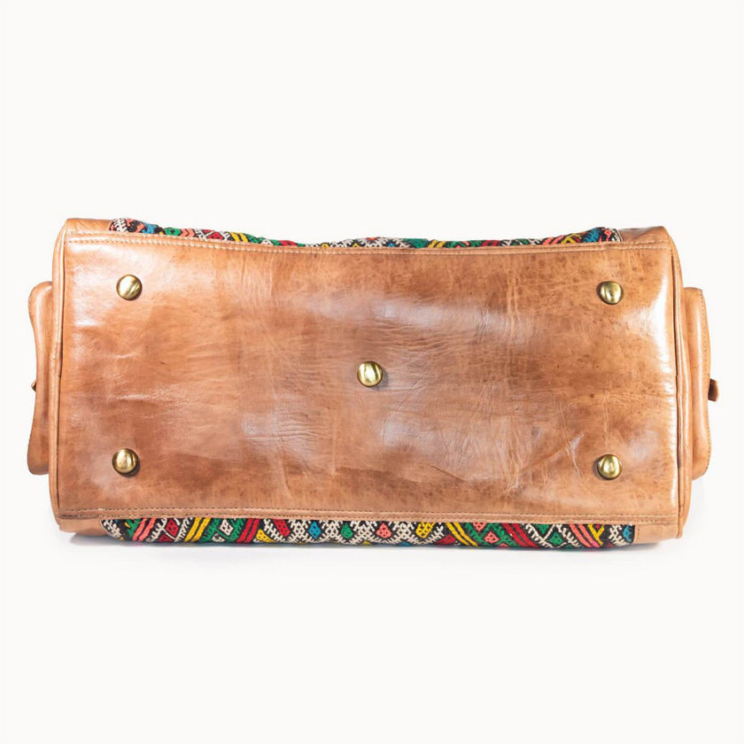 Luxe Kilim Reistas XL – Handgemaakt Leer & Authentiek Marokkaans Tapijt – 54x28 cm