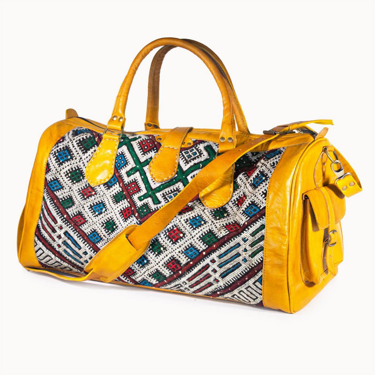 Luxe Kilim Reistas XL – Handgemaakt Leer & Authentiek Marokkaans Tapijt – 54x28 cm