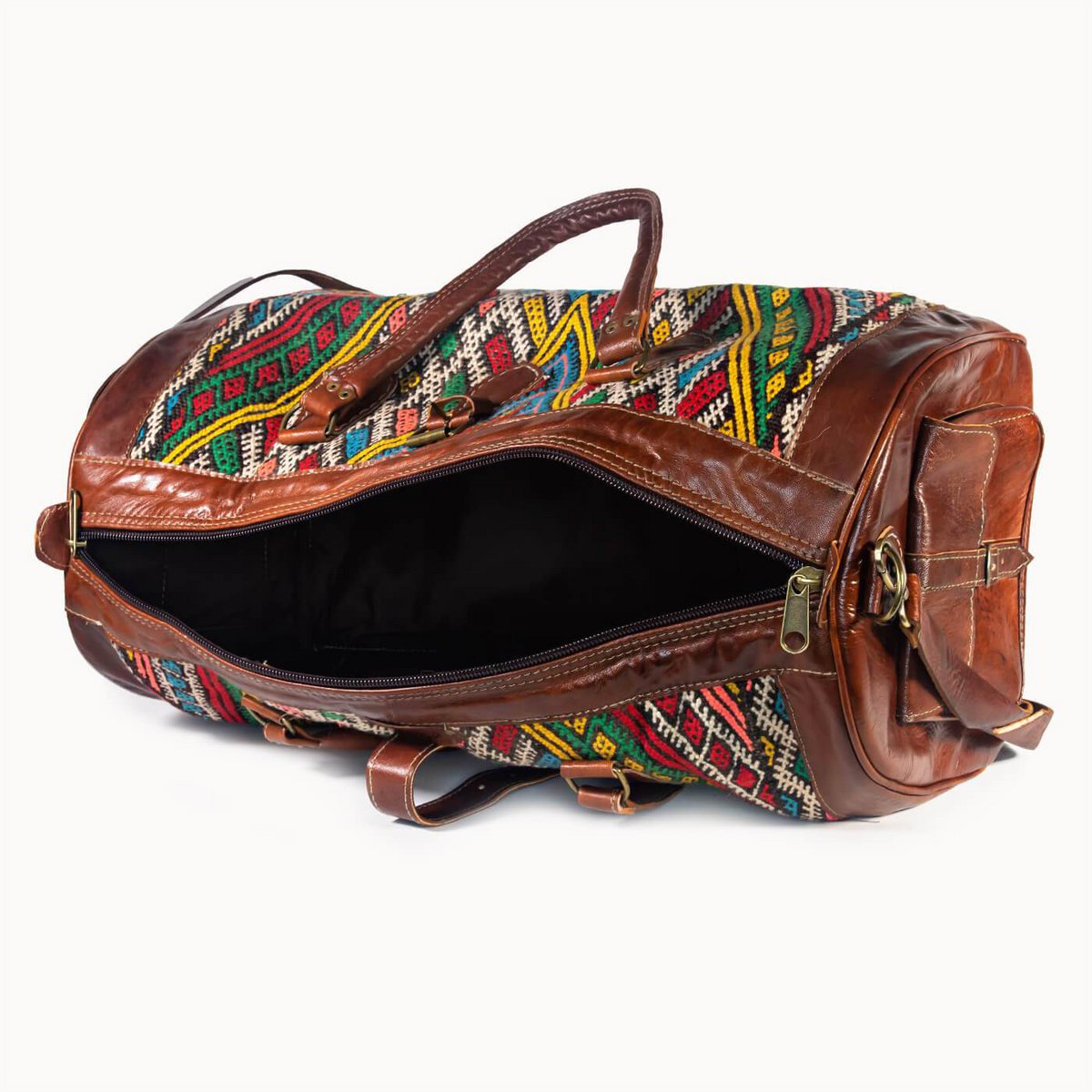 Luxe Kilim Reistas XL – Handgemaakt Leer & Authentiek Marokkaans Tapijt – 54x28 cm