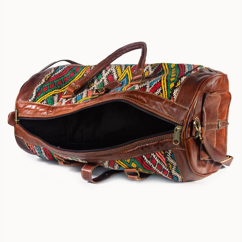 Luxe Kilim Reistas XL – Handgemaakt Leer & Authentiek Marokkaans Tapijt – 54x28 cm