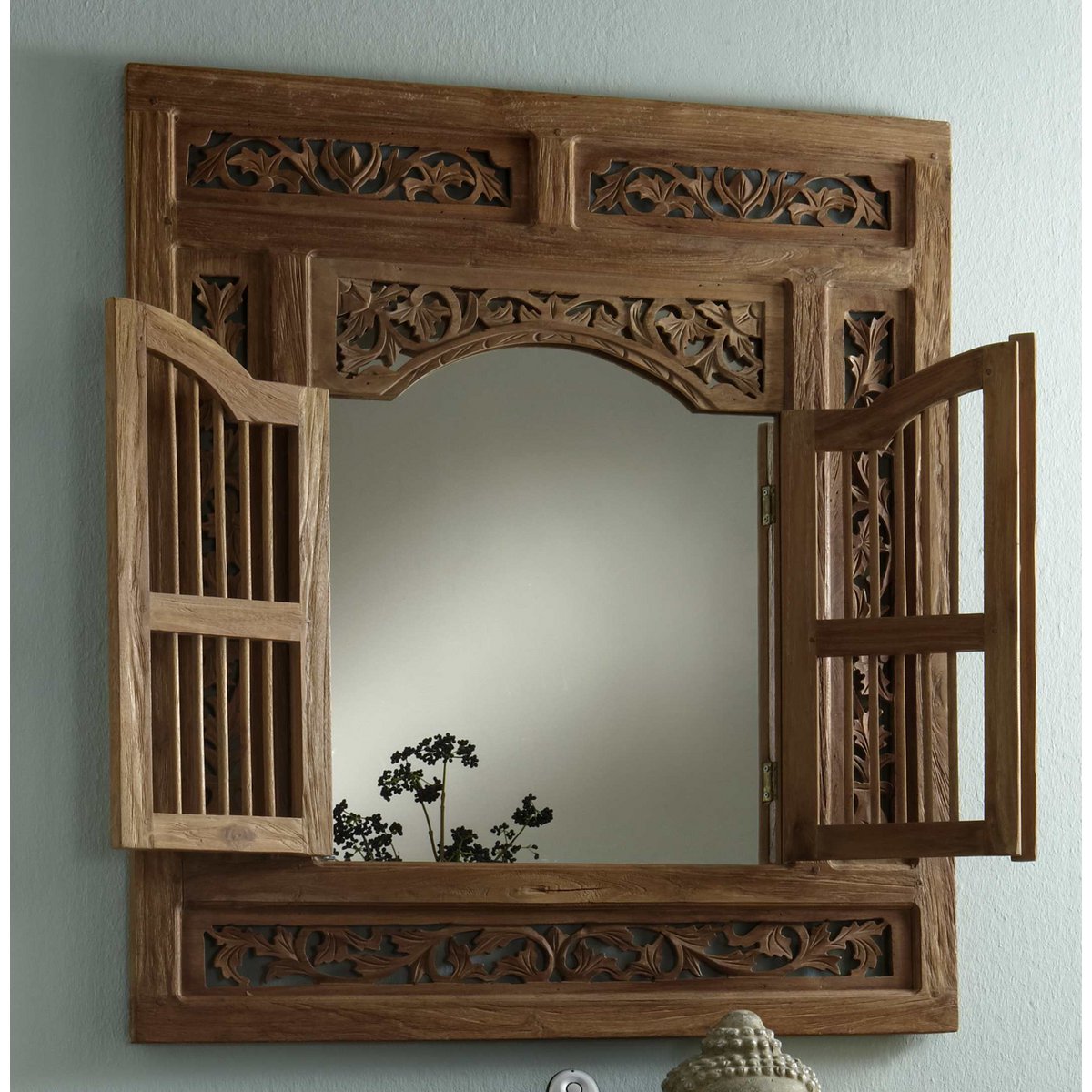 Handgesneden Spiegel van Gerecycled Teakhout – Wandspiegel met 2 Openslaande Deuren – 80x90 cm