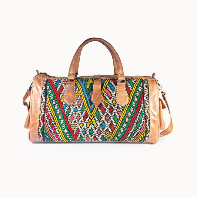 Luxe Kilim Reistas XL – Handgemaakt Leer & Authentiek Marokkaans Tapijt – 54x28 cm